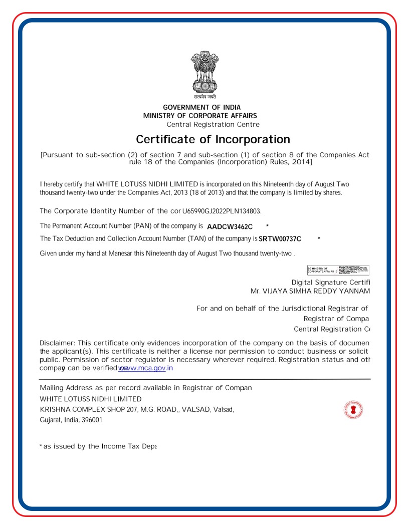 Certificate of Incorporation White Lotuss Nidhi Limited